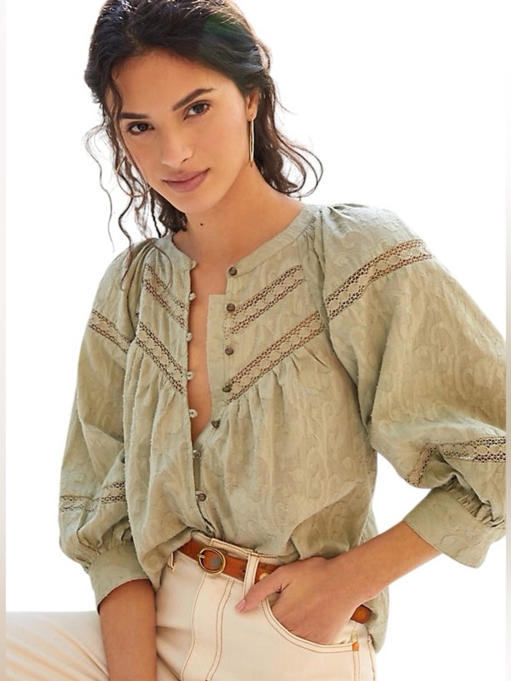 Anthropologie Harmony Green Crochet Lace 3/4 Sleeve Peasant Blouse - M